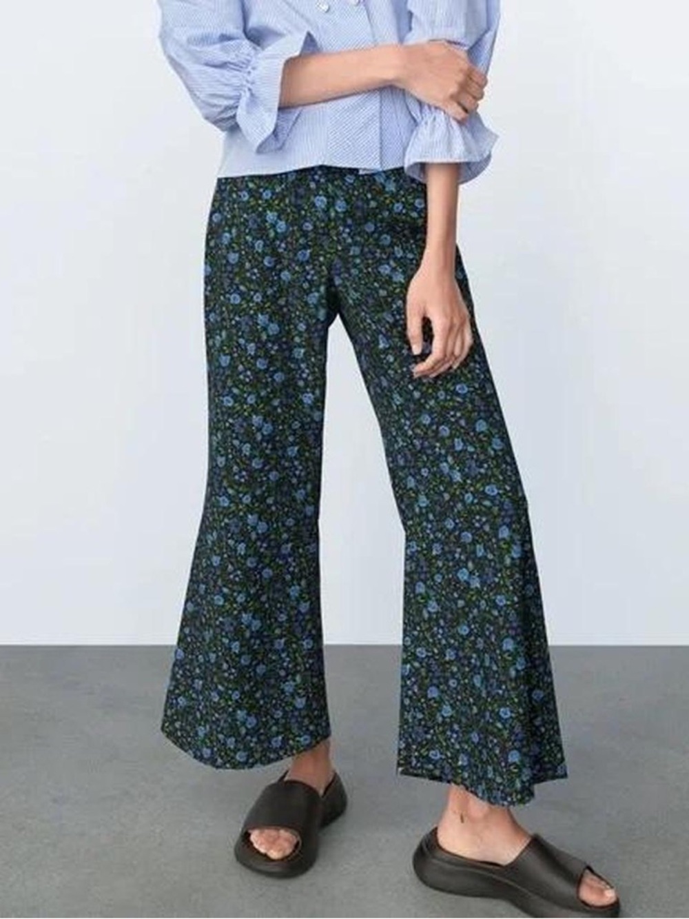 Zara Black Wide-Leg Pants with Blue Floral Print